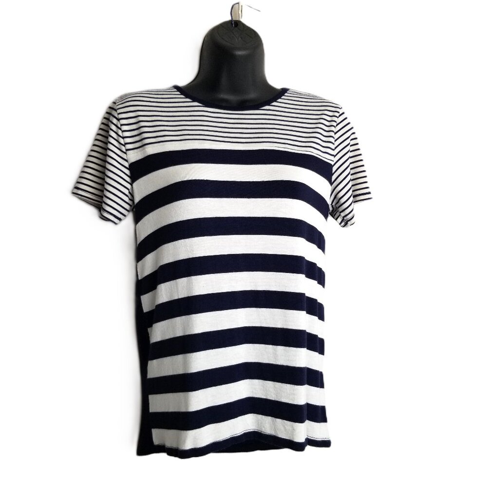 Navy White Striped Top Womens Small Loveappella Short Sleeve Nautical Tee